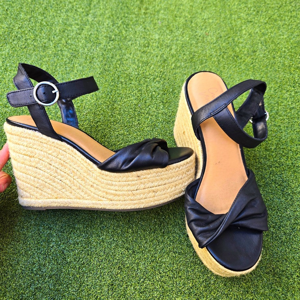 Crown Vintage Black Leather Espadrille Wedge Ankle Strap Buckle Sandals 8M